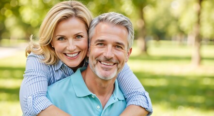 Obraz premium Portrait of a happy mature couple enjoying a sunny day in the park. A smiling woman embraces her husband from behind