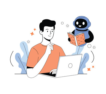 Ai robot assistant holding book and learning from data. Large language model training, neural network, algorithm optimization concept. Vector illustration. 
