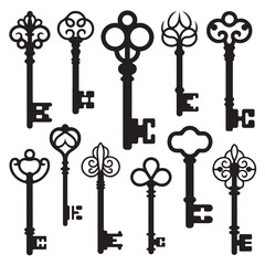 Set of vintage keys vector silhouette 