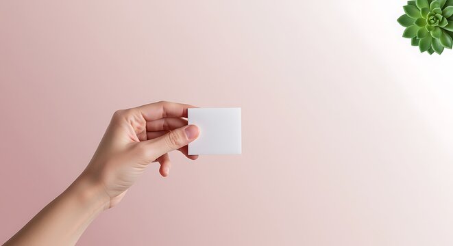 Hand Holding White Note Paper on Pink Background