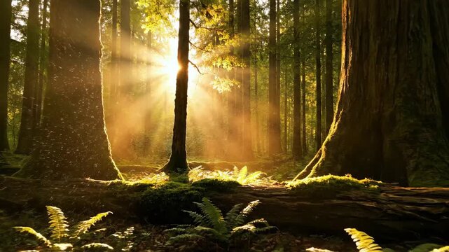 Forest Sunlight - Sunlight streams through a dense forest, illuminating the trees and ferns below. A large fallen tree covered in moss lies in the foreground.