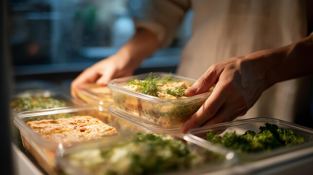 A parent organizing a freezer drawer with labeled containers of homemade frozen meals, soft light reflecting off frosted bins &mdash; family meal planning, batch cooking, and lifestyle organization.