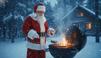 Santa Grilling Steaks in Snow