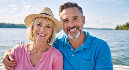 Obraz premium A happy mature couple smiling on a boat. Portrait of a senior man and woman enjoying a summer vacation. Healthy retirement lifestyle