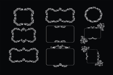 Decorative ribbon banners and labels set with vintage frames, dividers and ornamental elements on dark background