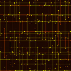 Abstract digital background with bright multicolored lines and dots on a dark background. Vector illustration resembles an electrical circuit or glowing connections in virtual space.