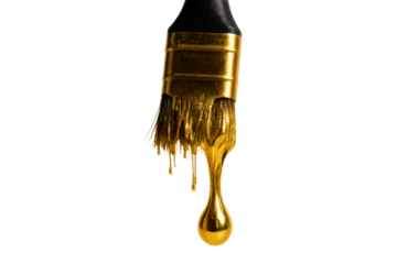 Brush of Creativity: A paint brush laden with vibrant golden paint, dripping down to form a lustrous drop, symbolizing artistic expression and the flow of ideas.