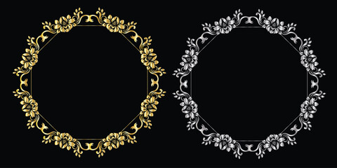 Gold and Silver Ornate Circular Frames with Floral and Leaf Motifs on Black Background