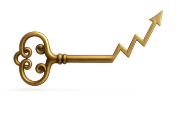 Key to growth: A vintage golden key, creatively reimagined with a rising arrow, representing the unlocking of potential and upward progress. Symbol of opportunity and success.