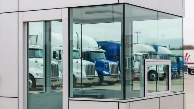Modern glass security booth at a commercial truck yard. Semi-trucks parked in the background. Transportation and logistics facility infrastructure