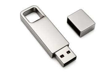 Elegant Data Storage: A sleek, metallic USB flash drive, an icon of digital convenience, rests invitingly alongside its detached cap, symbolizing accessibility to data.