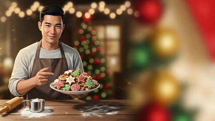 Young Asian man presenting colorful cookies in festive kitchen  