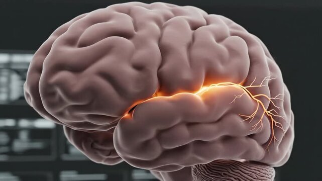 Human Brain Visualization - A close-up of a human brain is displayed in the video, with a section highlighted in bright orange indicating potential activity or a specific region.