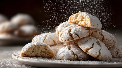 Naklejka premium Traditional ricciarelli almond cookies with powdered sugar. Soft, delicate, and perfect for recipe books, menu design, and culinary websites or blogs