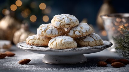Naklejka premium Traditional almond ricciarelli cookies with powdered sugar. Soft, delicate, and perfect for holiday-themed food photography, recipe books, menu design, and culinary websites or blogs