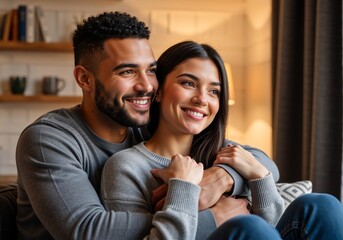 Obraz premium Smiling couple embracing in a cozy living room. Happy man and woman hugging and looking away. Romantic relationship and love concept