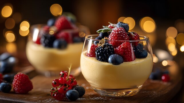 A creamy traditional Italian zabaione served in glass cups,  Light, silky, elegant, and perfect for gourmet culinary book or recipe blog and web site.