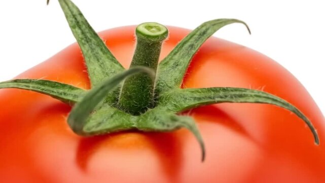 Close-up of a vibrant red tomato with green stem on a white background.