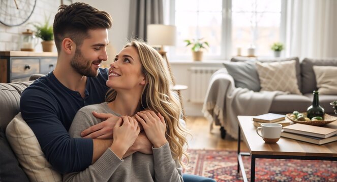 Young couple embracing on a couch at home. Romantic husband and wife looking into each other's eyes. Love and relationship concept