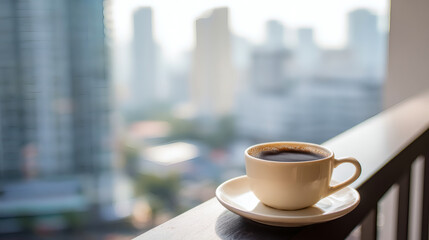 Fototapeta premium A Cup of Coffee on Urban Balcony View
