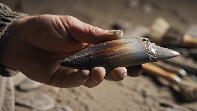 Examining a Fossilized Tooth - A pair of hands is carefully holding a dark, fossilized tooth. The tooth has a pointed tip and jagged edges, suggesting it may be from a prehistoric animal.
