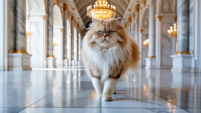 Majestic persian cat resting gracefully inside opulent palace hall golden chandeliers marble columns create royal atmosphere for feline beauty at palace