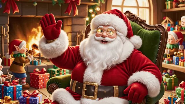 Santa Claus in his Workshop - Santa Claus is shown sitting in a green armchair in his workshop, waving with a smile.
