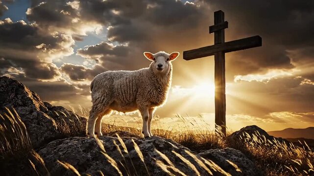 Majestic lamb stands proudly on rocky terrain beside a wooden cross silhouetted against a dramatic golden sunset sky