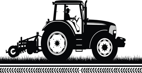 Black Silhouette of Modern Farm Tractor Driving Over Grass with Attached Cultivator, Flat Vector Illustration of Farming Vehicle for Agriculture, Harvest, and Rural Industry Design.
