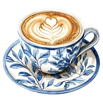 Watercolor Illustration of a Caff&egrave; Latte in Blue and White Ceramic Cup with Delft Pattern
