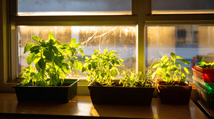 Sunlit Herb Plants on Windowsill