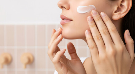Close up of young woman applying white moisturizing cream to cheek, daily skincare beauty routine and facial hygiene concept in bathroom