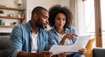 Naklejka premium African American couple reviewing financial documents at home. Young man and woman sitting on sofa reading a contract or budget plan together