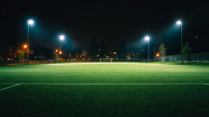Illuminated Soccer Field at Night with Lamps