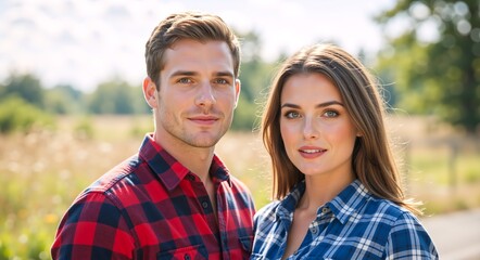 Fototapeta premium A young attractive couple smiling for a portrait outdoors. Man and woman in plaid flannel shirts in a rural countryside setting