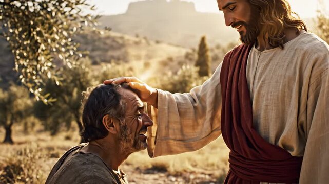 Jesus Healing a Man - This video depicts Jesus gently placing his hand on the head of a kneeling man, possibly healing or blessing him.
