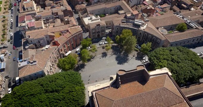 Aerial view of Piazza Dante, located in the historic center of Catania, Sicily, Italy. It is a semicircular city square. 
