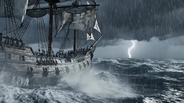 Ship in a Storm - This video shows a large sailing ship caught in a powerful storm with large crashing waves and heavy rainfall.