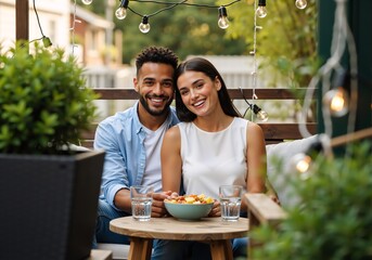 Happy mixed-race couple smiling on a romantic evening date outdoors. Young man and woman relaxing together on a cozy patio under string lights