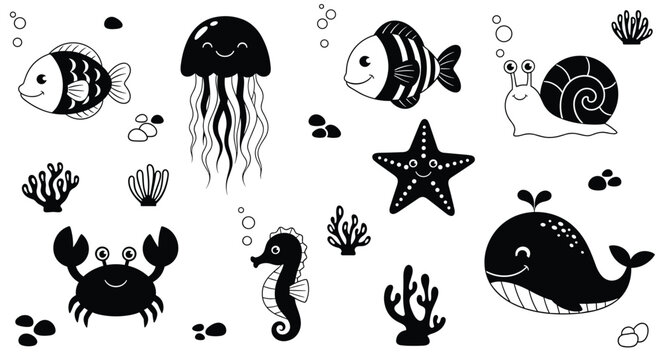 A delightful set of black and white sea creature doodles including a fish whale crab and starfish for coloring pages.