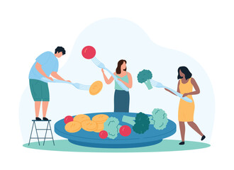 Healthy breakfast food, summer menu. Tiny people holding forks with tasty organic ingredients, characters eat summer salad from fresh vegetables for vitamin nutrition cartoon vector illustration