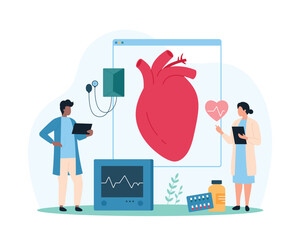 Heart and cardiovascular system health checkup, diagnosis and treatment by cardiologists in hospital. Tiny people research human heart of patient, diagnose diseases cartoon vector illustration
