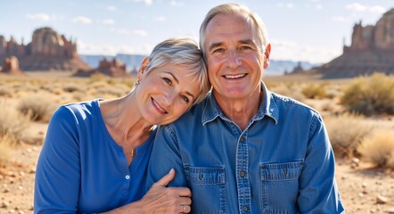 Happy senior couple smiling together in a desert landscape. Portrait of a mature man and woman enjoying retirement travel. Affectionate partners embracing outdoors