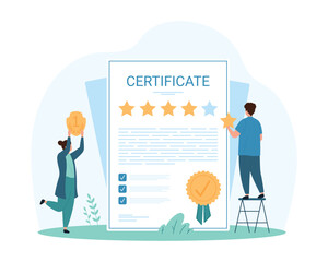 Certificate, guarantee of best premium quality of business product or service. Tiny people add gold review star to certified warranty document, holding appreciation award cartoon vector illustration