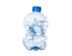 Crushed clear plastic water bottle with blue cap