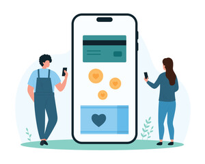 Charity campaign, online fundraising, Tiny people donate gifts and share support, characters transfer money and hearts from credit card to donation box on smartphone screen cartoon vector illustration