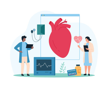 Heart and cardiovascular system health checkup, diagnosis and treatment by cardiologists in hospital. Tiny people research human heart of patient, diagnose diseases cartoon vector illustration