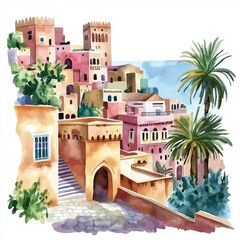 Casbah of Algiers. Casbah of Algiers hand drawn watercolor illustration on white background