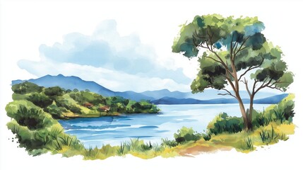 Fototapeta premium Lake Victoria. Lake Victoria hand drawn watercolor illustration on white background