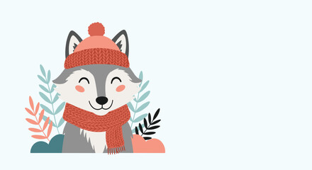 Adorable cartoon wolf wearing a cozy pink knitted hat and scarf smiling happily among winter foliage with copy space.